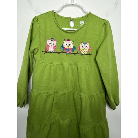 J Khaki Kids Dress | Girls 5 | Green Long Sleeve Owl Print Tiered Cotton - Picture 3 of 15